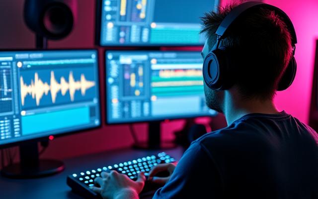 Diseñador de sonido trabajando en un estudio con equipo de audio profesional