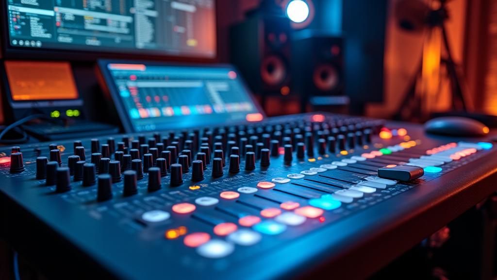 Mesa de mezcla de audio profesional con micrófonos en un estudio de grabación.