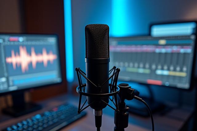 Micrófono de estudio profesional para grabación de podcast.