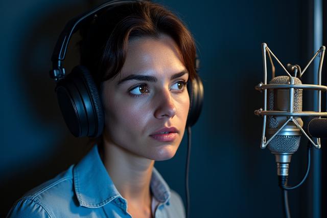 Persona grabando una locución con audífonos en un estudio.